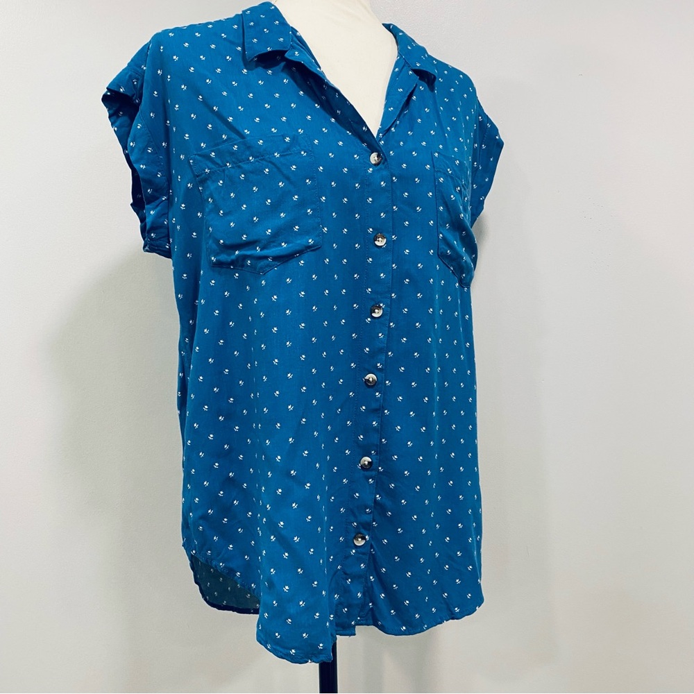 JACHS S Blue Girlfriend SS Floral Button Up Blouse Coastal Beach Preppy Nautical